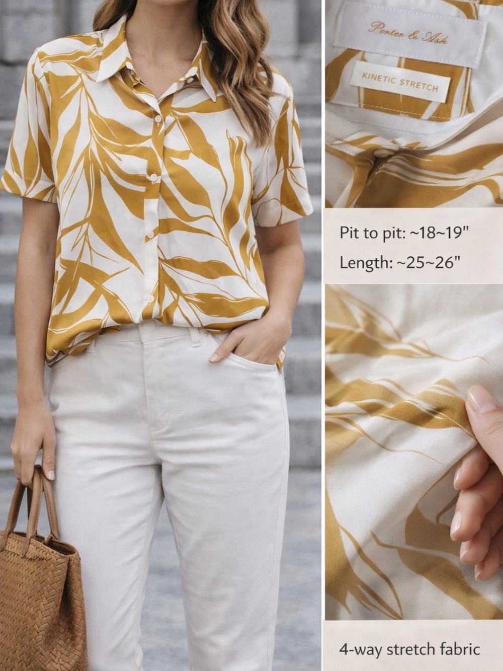 Porter & Ash 4-Way Stretch Blouse Neutral Leaf Print Top Relaxed Fit Quiet Luxe